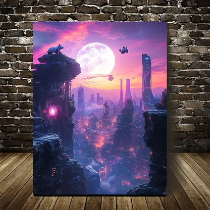 Vibrant Sunset Sky with Glowing Moon Painting 40x60cm Metal Print Ready to Hang - Bella Home Decor
