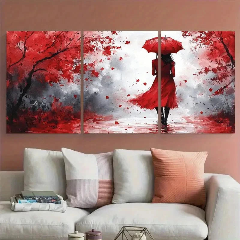 3pcs Watercolor Lady in Red with Umbrella Design Metal Print Ready to Hang Art - Bella Home Decor