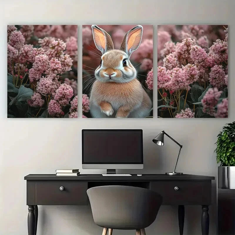 3pcs Pink Floral Bunny Illustration Wall Art Set Canvas Framed 60x90cm - High Quality Print 100% Australian Made Wall Canvas Ready to Hang - Bella Home Decor