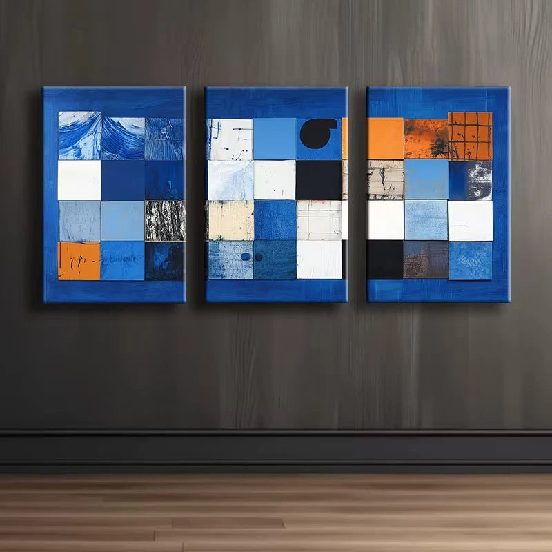 3pcs Blue square Abstract Illustration Wall Art Set Canvas Framed 50x70cm - High Quality Print 100% Australian Made Wall Canvas Ready to Hang - Bella Home Decor