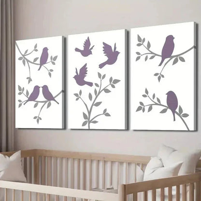 3pcs Purple Bird Art on Gray Branch Wall Art Set Canvas Unframed - High Quality Print 100% Australian Made Wall Canvas