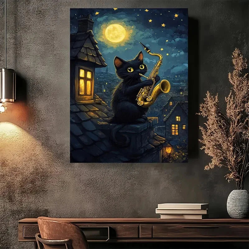 Beautiful Moonlit Jazz Night Cat Black Painting 40x60cm Metal Print Ready to Hang - Bella Home Decor
