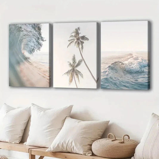 3pcs Sea Waves and Palm Tree Wall Art Set Canvas Framed 60x90cm - High Quality Print 100% Australian Made Wall Canvas Ready to Hang