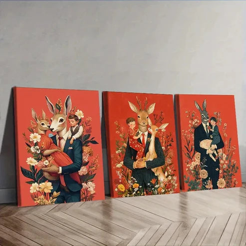 3pcs Mr. Rabbit, With Wife Floral Background Wall Art Canvas Unframed - High Quality Print 100% Australian Made Wall Canvas