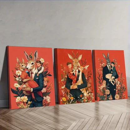 3pcs Mr. Rabbit, With Wife Floral Background Wall Art Canvas Unframed - High Quality Print 100% Australian Made Wall Canvas