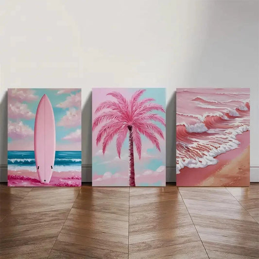 3pcs Pastel Coastal Posters Pink Ocean Pictures Metal Print Ready to Hang Art