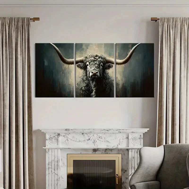 3pcs Artistic Bull Portrait Abstract Painting Metal Print Ready to Hang Art - Bella Home Decor