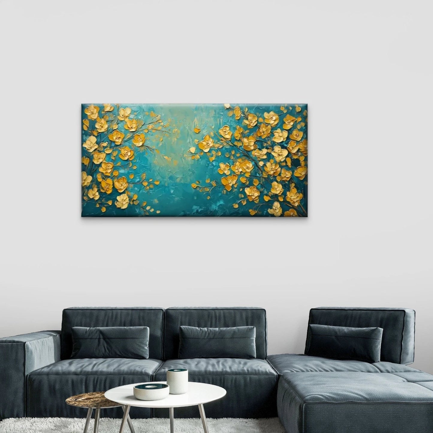 Yellow Flowers Blue Abstract Wall Art Canvas Office Home Room Framed 120x60cm