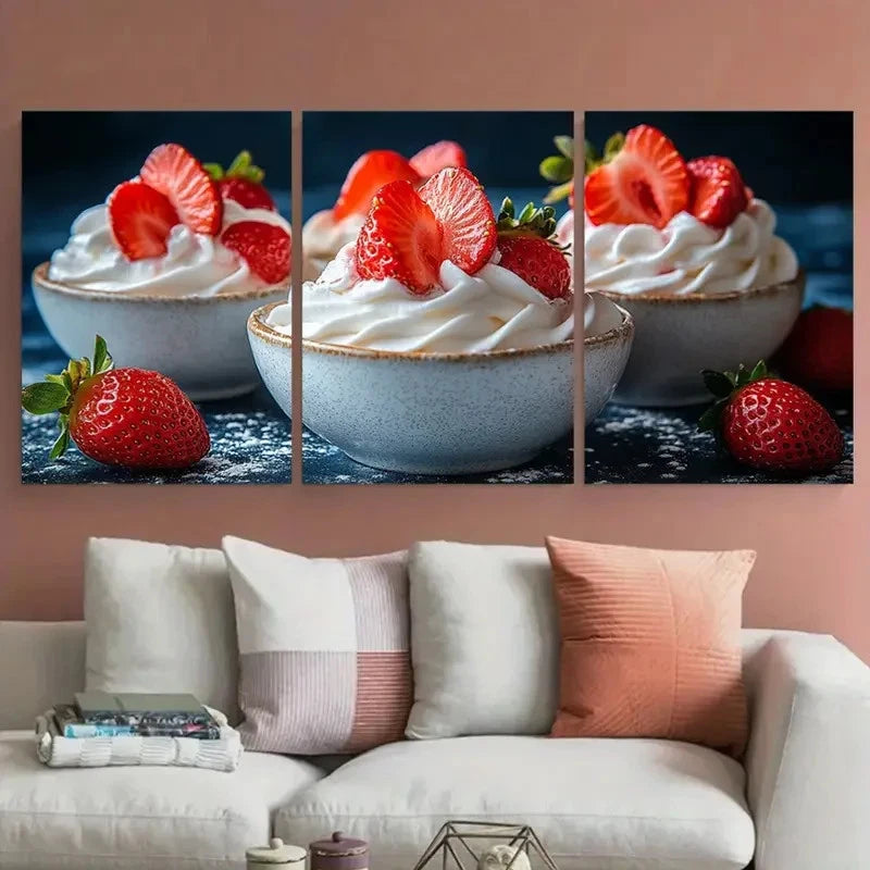 3pcs Vibrant Fresh Yogurt & Strawberry Design Wall Art Set Canvas Framed 40x60cm - High Quality Print 100% Australian Made Wall Canvas Ready to Hang - Bella Home Decor
