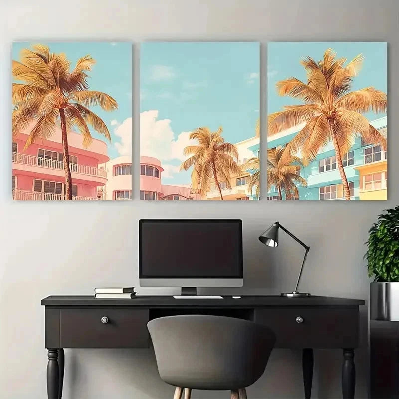 3pcs Pastel Deco And Palm Trees Mount Perfect Wall Art Set Canvas Framed 60x90cm - High Quality Print 100% Australian Made Wall Canvas Ready to Hang