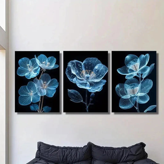 3pcs Portrait Bright Blue Flower Painting Metal Print Ready to Hang Art
