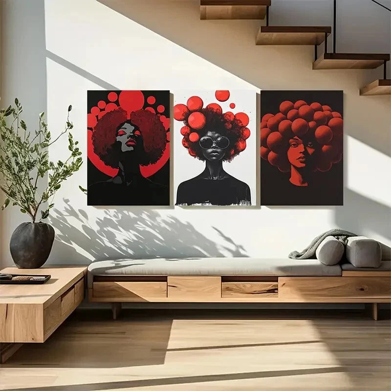 3pcs African Women Red and Black Abstract Metal Print Ready to Hang Art - Bella Home Decor