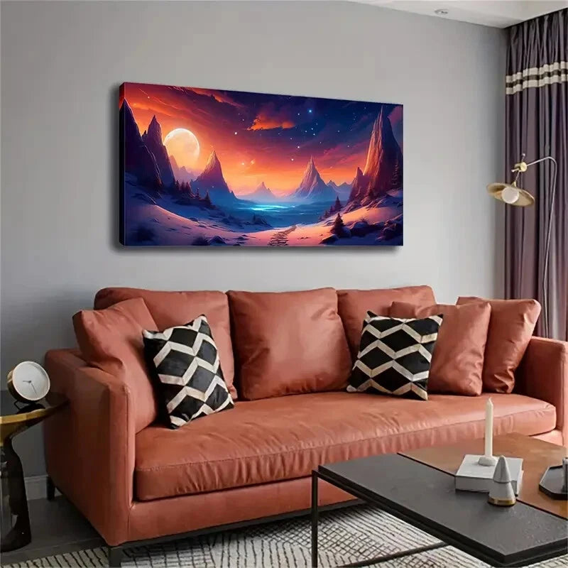 Snowy Peaks & Full Moon Scene Wall Art Canvas Office Home Room Framed 120x60cm - Bella Home Decor