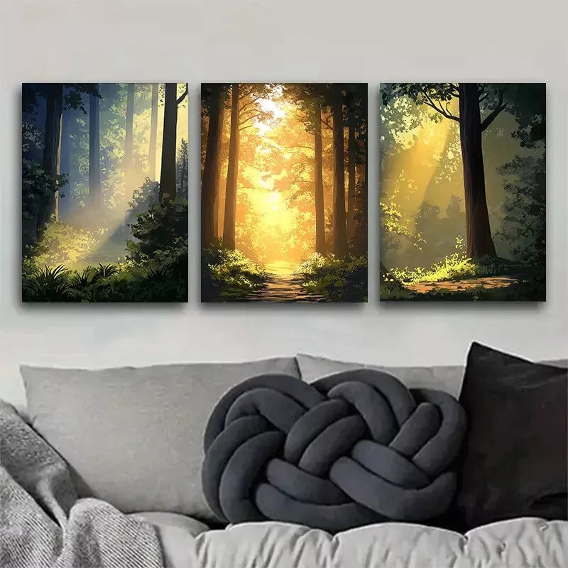 3pcs Warm Light Forest Lush Greenery under Sun Art Set Canvas Framed 50x70cm - High Quality Print 100% Australian Made Wall Canvas Ready to Hang