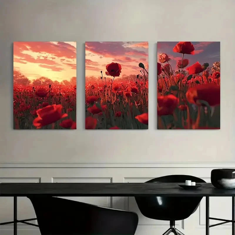 3pcs Art Painting Red Poppy Field at Sunset Metal Print Ready to Hang Art - Bella Home Decor