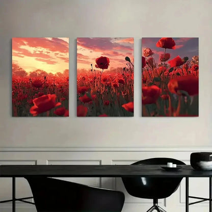 3pcs Art Painting Red Poppy Field at Sunset Metal Print Ready to Hang Art - Bella Home Decor