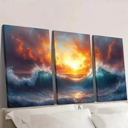 3pcs Depiction Of Ocean Waves luminated By Sun Wall Art Set Canvas Framed 50x70cm - High Quality Print 100% Australian Made Wall Canvas Ready to Hang - Bella Home Decor