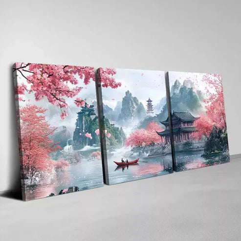3pcs Traditional Chinese Landscape Painting Wall Art Set Canvas Framed 60x90cm - High Quality Print 100% Australian Made Wall Canvas Ready to Hang