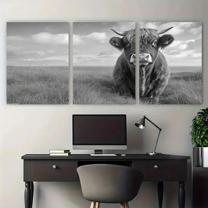 3pcs Black & White Rustic Scottish Highland Bull Wall Art Set Canvas Framed 60x90cm - High Quality Print 100% Australian Made Wall Canvas Ready to Hang - Bella Home Decor