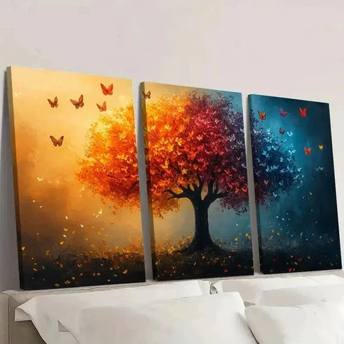 3pcs Vibrant Autumn & Winter Butterfly Tree Wall Art Canvas Unframed - High Quality Print 100% Australian Made Wall Canvas