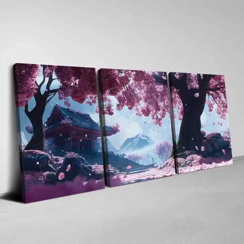 3pcs Serene Cherry Blossom & Buildings Wall Art Set Canvas Unframed - High Quality Print 100% Australian Made Wall Canvas
