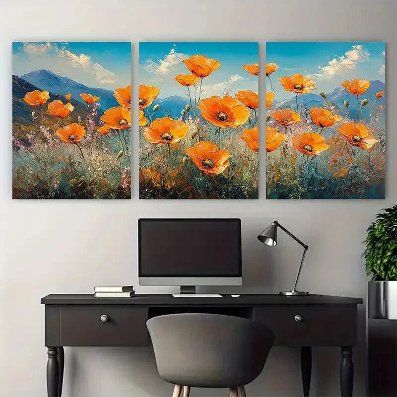 3pcs California Poppy Flowers Landscape Metal Print Ready to Hang Art - Bella Home Decor