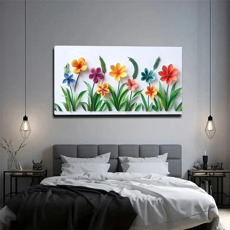 Vibrant Paper Flowers Green Wall Art Canvas Office Home Room Framed 120x60cm - Bella Home Decor