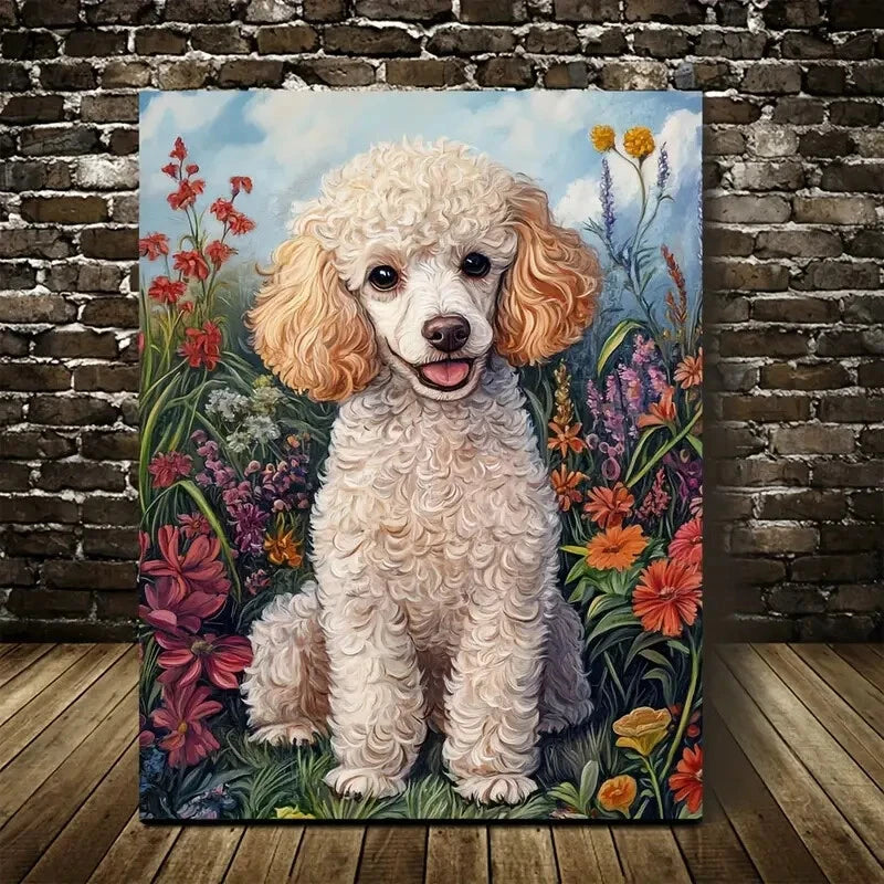 Cute Poodle Dog & Floral Botanical Painting 40x60cm Metal Print Ready to Hang - Bella Home Decor