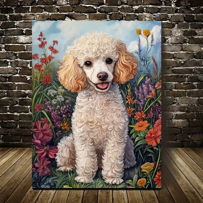 Cute Poodle Dog & Floral Botanical Painting 40x60cm Metal Print Ready to Hang - Bella Home Decor