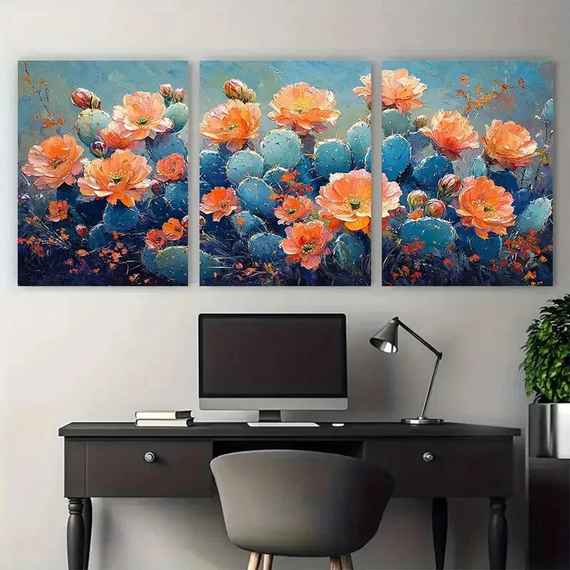 3pcs Cactus Flowers Impasto Illustration Metal Print Ready to Hang Art - Bella Home Decor