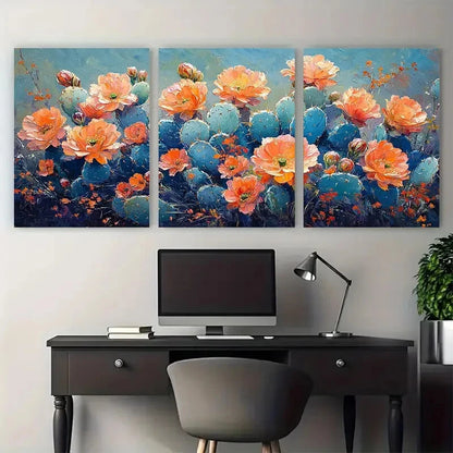 3pcs Cactus Flowers Impasto Illustration Metal Print Ready to Hang Art - Bella Home Decor