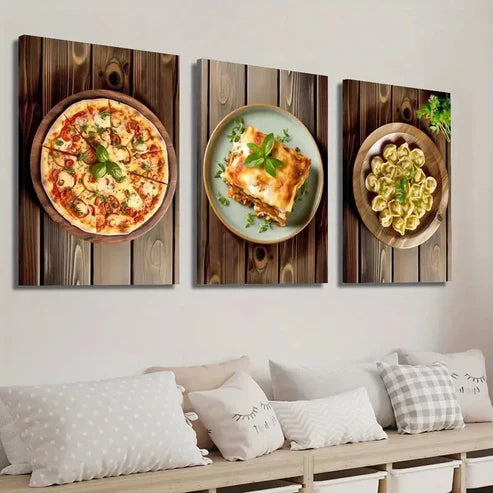 3pcs Vibrant Pizza Lasagna & Dumplings Wall Art Set Canvas Unframed - High Quality Print 100% Australian Made Wall Canvas