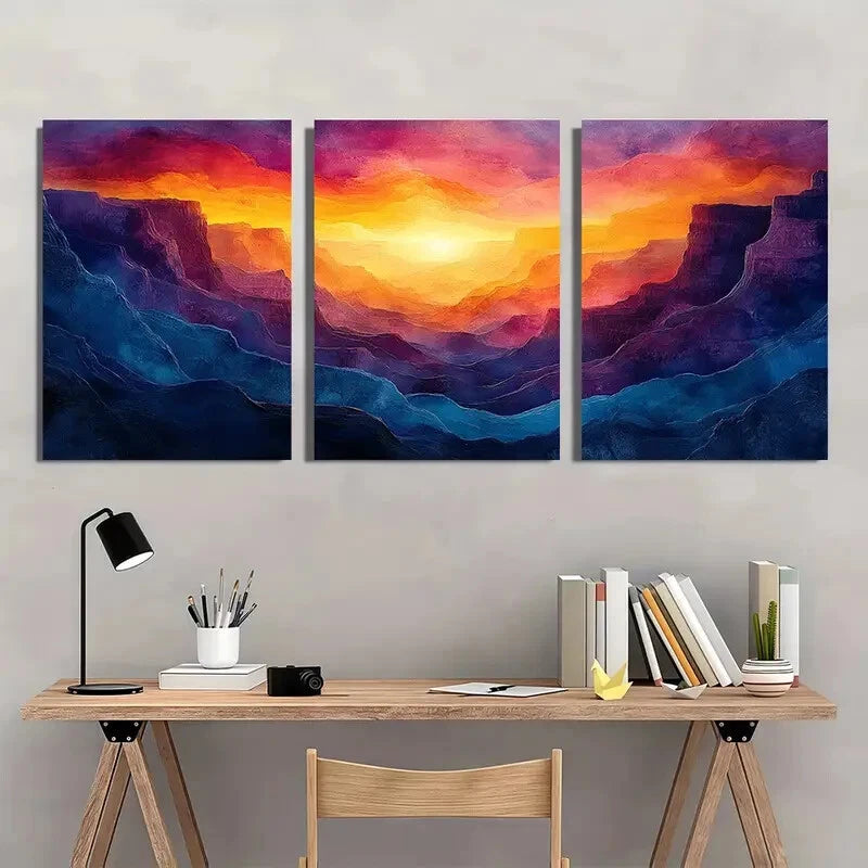 3pcs Abstract Colorful Canyon Landscape Art Metal Print Ready to Hang Art - Bella Home Decor