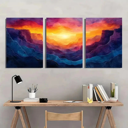 3pcs Abstract Colorful Canyon Landscape Art Metal Print Ready to Hang Art - Bella Home Decor