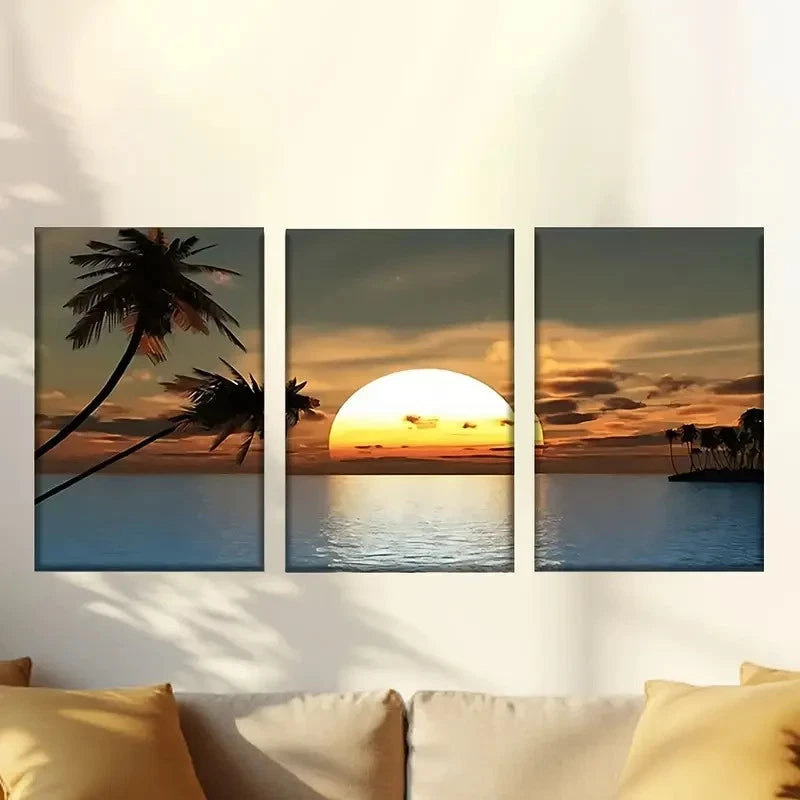 3pcs a Sunset with Palm Trees And a Boat Wall Art Set Canvas Framed 60x90cm - High Quality Print 100% Australian Made Wall Canvas Ready to Hang - Bella Home Decor