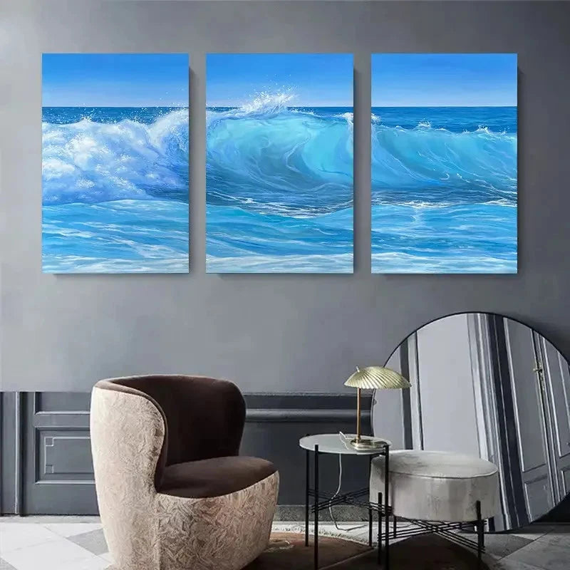 3pcs Blue Seascape Beach Paintings Metal Print Ready to Hang Art - Bella Home Decor