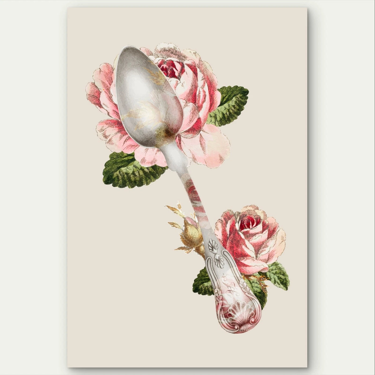 Vintage Silver Spoon and Pink Roses Kitchen 40x60cm Metal Print Ready to Hang