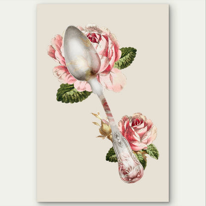 Vintage Silver Spoon and Pink Roses Kitchen 40x60cm Metal Print Ready to Hang