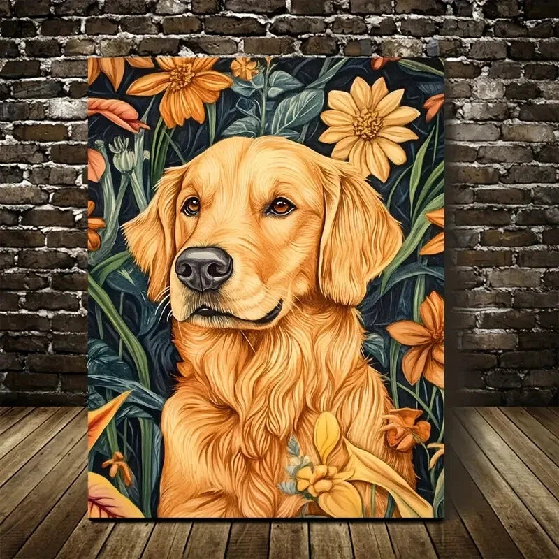 Vibrant Golden Retriever Dog with Flowers Painting 40x60cm Metal Print Ready to Hang - Bella Home Decor