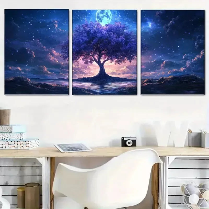 3pcs Magical Tree Moon and Starry Sky Art Set Canvas Framed 50x70cm - High Quality Print 100% Australian Made Wall Canvas Ready to Hang