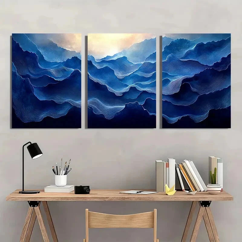 3pcs Wave Design in Indigo & Honeycomb Tones Metal Print Ready to Hang Art - Bella Home Decor