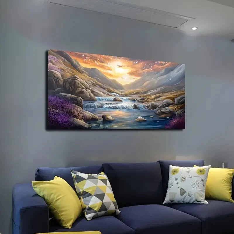Serene Sunlit Mountain & Water Wall Art canvas office home room framed 120x60cm - Bella Home Decor