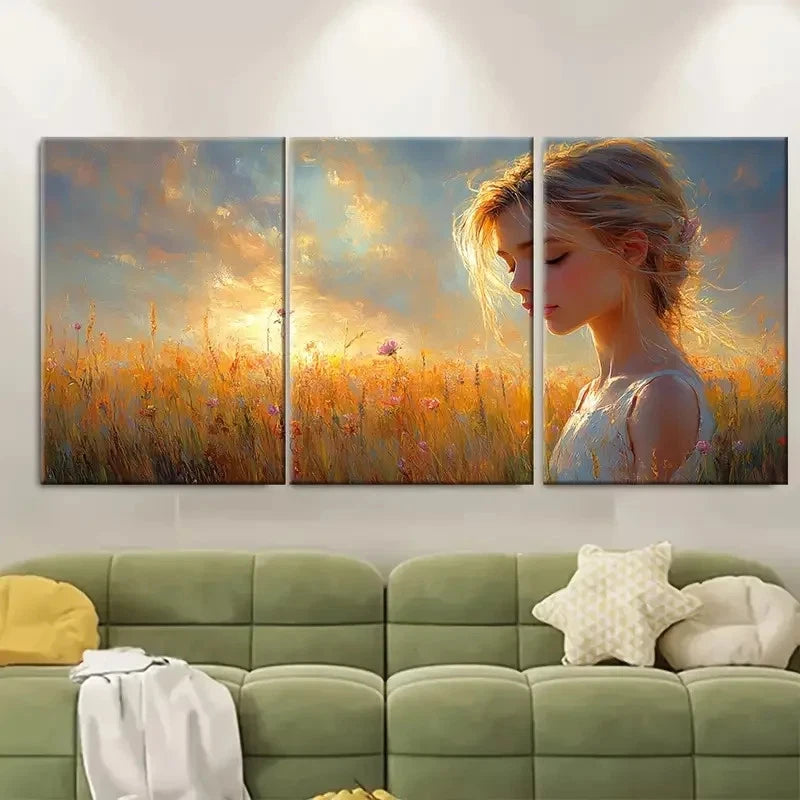 3pcs Alberto Pla Rubio Girl in a Field Metal Print Ready to Hang Art - Bella Home Decor