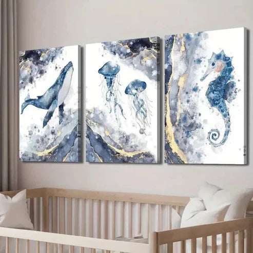 3pcs Blue & Golden Whale Jellyfish Seahorse Wall Art Set Canvas Unframed - High Quality Print 100% Australian Made Wall Canvas - Bella Home Decor