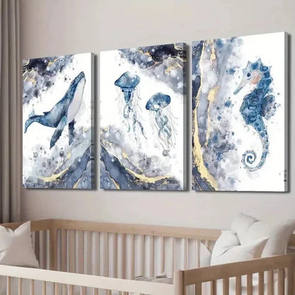 3pcs Blue & Golden Whale Jellyfish Seahorse Wall Art Set Canvas Unframed - High Quality Print 100% Australian Made Wall Canvas - Bella Home Decor
