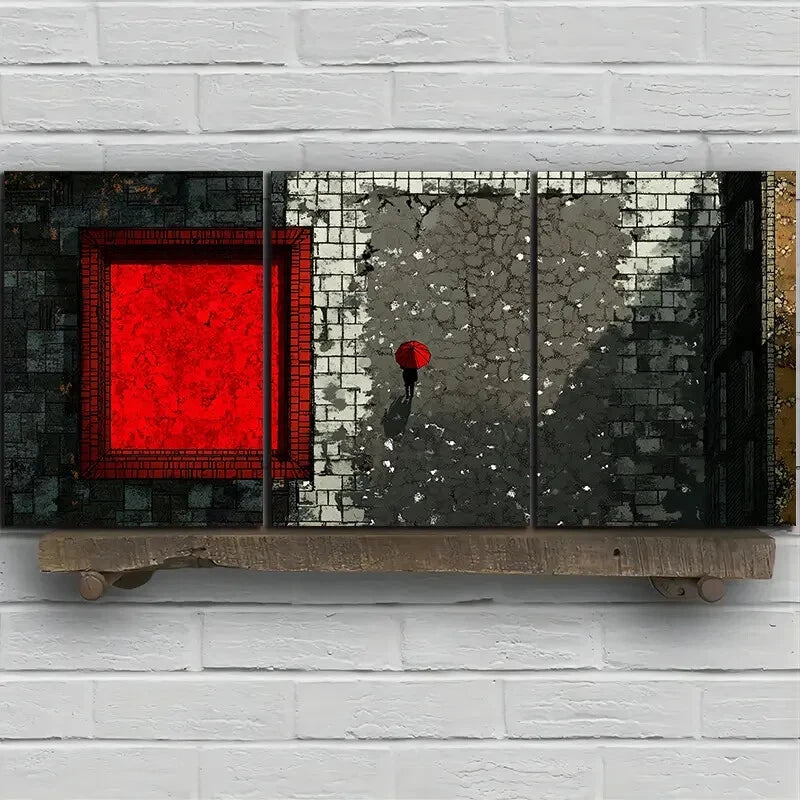 3pcs People Holding Red Umbrellas on Rainy Metal Print Ready to Hang Art