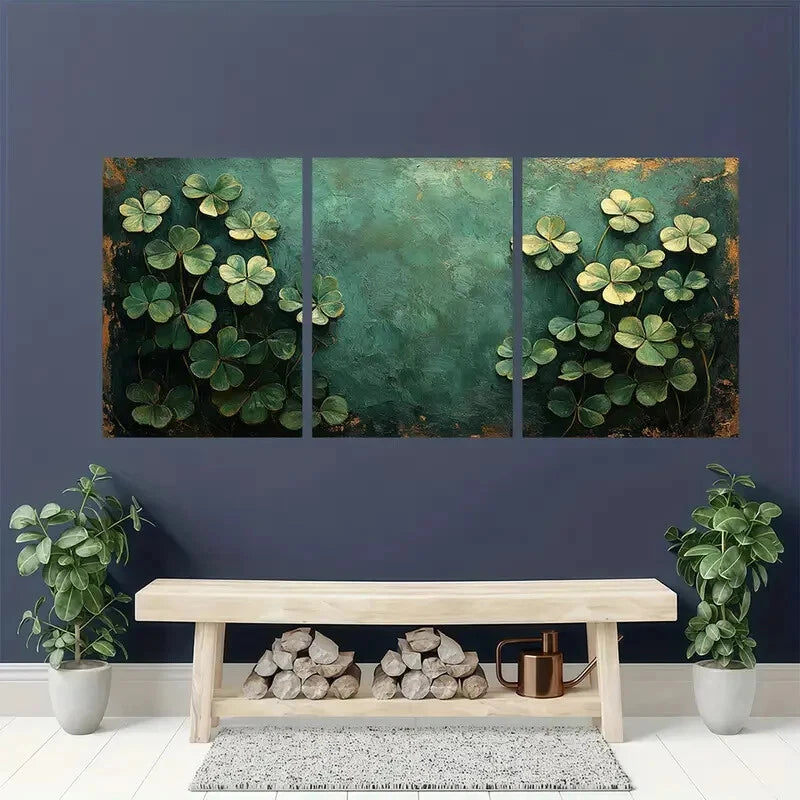 3pcs Vibrant Green Shamrock Design Oil Painting Metal Print Ready to Hang Art - Bella Home Decor