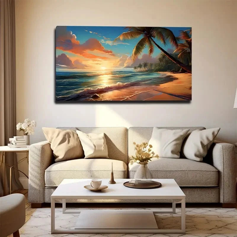 Vibrant Ocean & Palm Tree Wall Art Canvas Office Home Room Framed 120x60cm
