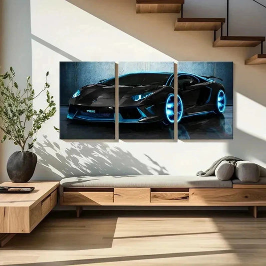 3pcs Black Lamborghini Supercar Sports Car Wall Art Set Canvas Framed 50x70cm - High Quality Print 100% Australian Made Wall Canvas Ready to Hang