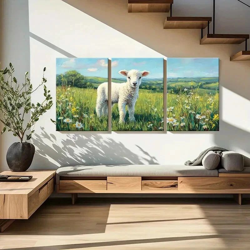 3pcs Landscape Lamb Pastoral Spring Meadow Metal Print Ready to Hang Art - Bella Home Decor